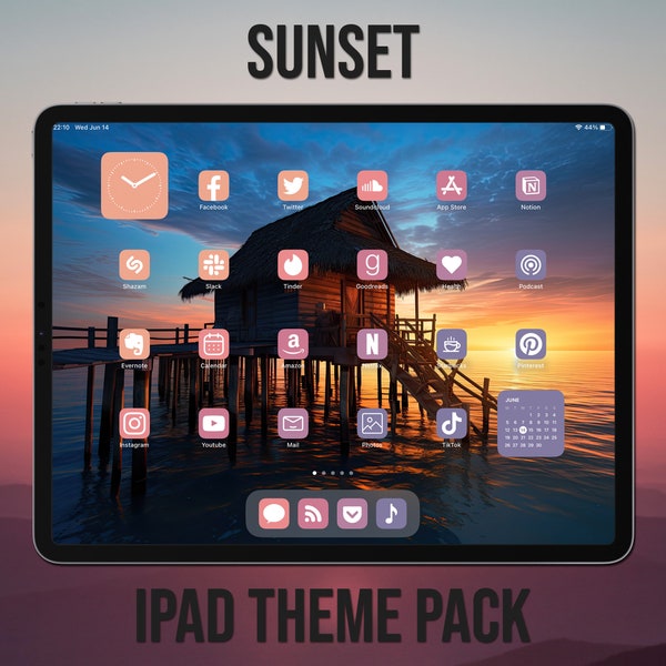 Sunset iPad Theme Pack, Rose Gold App Icons, Aesthetic Summer Art Covers, Widget Quotes, Light & Dark Wallpapers, Custom iPad Home Screen