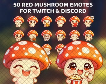Red Mushroom Emotes, Cute Twitch & Discord Sticker Pack, Chibi Streamer Reaction Bundle