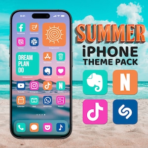 May include: A summer-themed iPhone home screen with colorful app icons. The icons include popular apps like Facebook, Instagram, TikTok, and YouTube. The background is a beach scene with blue water and white sand.