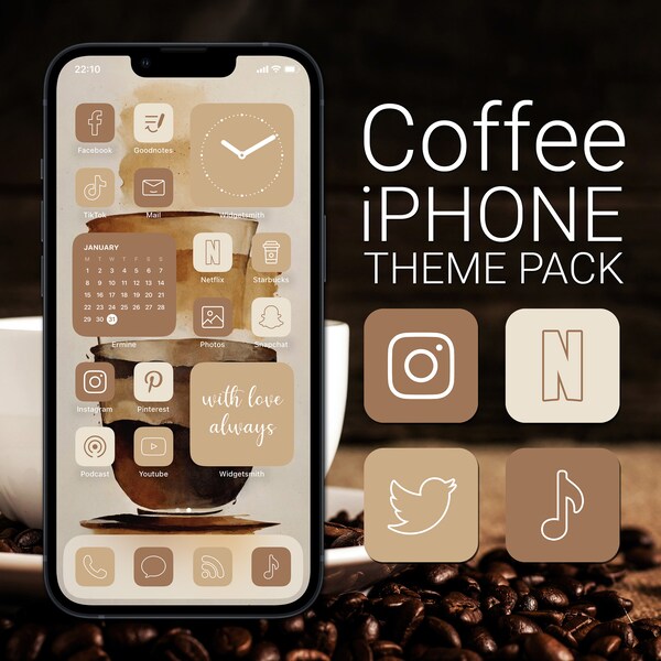 Brown App Icons, Coffee iPhone Theme Pack, Neutral Aesthetic, Art Covers, Widget Quotes, Light & Dark Wallpapers, Custom iPhone Home Screen