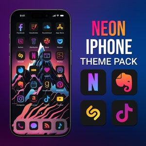 Puede incluir: Una maqueta de una pantalla de iPhone con un paquete de temas de colores neón. La pantalla muestra una variedad de aplicaciones con iconos de colores neón. El paquete de temas incluye iconos para aplicaciones como Netflix, Instagram, TikTok, y más. El texto "NEON IPHONE THEME PACK" se muestra sobre los iconos.