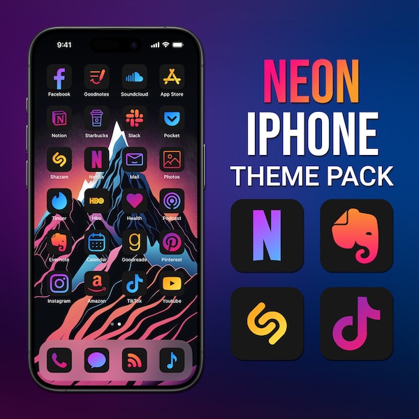 App Icons Neon, iPhone Theme Pack, Aesthetic App Icons, Neon Art Covers, Widget Quotes, Light & Dark Wallpaper, Customize iPhone Home Screen
