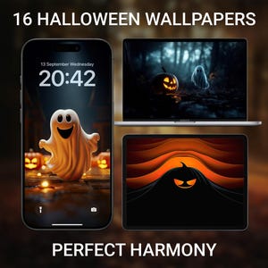 May include: A promotional image showcasing 16 Halloween wallpapers displayed on a smartphone, laptop, and tablet. The phone displays a friendly ghost with pumpkins. The laptop shows a pumpkin and ghost in a forest. The tablet features a pumpkin design. Text reads "16 Halloween Wallpapers" and "Perfect Harmony."
