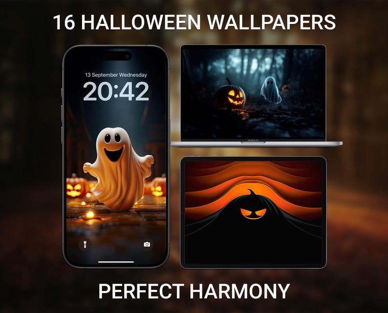 May include: A promotional image showcasing 16 Halloween wallpapers displayed on a smartphone, laptop, and tablet. The phone displays a friendly ghost with pumpkins. The laptop shows a pumpkin and ghost in a forest. The tablet features a pumpkin design. Text reads "16 Halloween Wallpapers" and "Perfect Harmony."