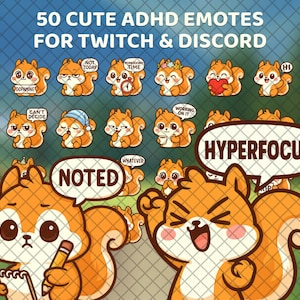 Może przedstawiać: Zestaw 50 uroczych emotikonów ADHD dla Twitch i Discord. Emotikony przedstawiają kreskówkowe wiewiórki w różnych pozach i wyrazach twarzy, z dymkami zawierającymi frazy takie jak "Hyperfocus" i "Noted."