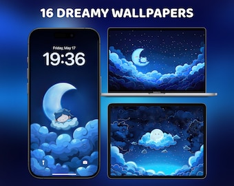 May include: Three digital screens displaying a blue and white night sky with clouds and a crescent moon. The moon has a sleeping cartoon character on it. The time on the phone screen is 19:36. The text on the top of the image reads "16 DREAMY WALLPAPERS".