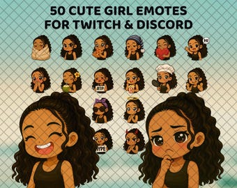 Lockiges Haar Mädchen Emotes für Twitch, Süßes Mädchen Discord Reaktion Set, Streamer Emoji Pack