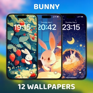 May include: Three phone screen mockups with different backgrounds featuring a cute cartoon bunny. The first background is a strawberry patch, the second is a light blue background with a mushroom, and the third is a night sky with a crescent moon. The time is displayed on each phone screen: 19:15, 20:42, and 23:15.