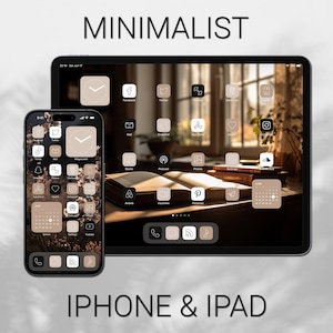 May include: A minimalist phone and tablet screen with custom icons in a beige and white color scheme. The icons are arranged in a grid pattern and feature simple line drawings. The background image is a blurry photo of a book and a window.