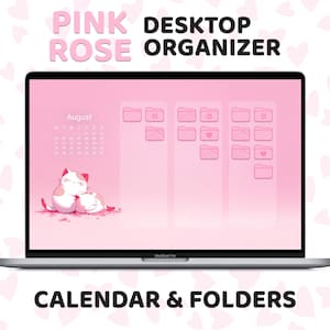 Pink Rose Desktop Wallpaper, Desktop Organizer, Pink Calendar, Cute Kawaii Background, Pink and Purple Folder Icons, Custom Home Screen