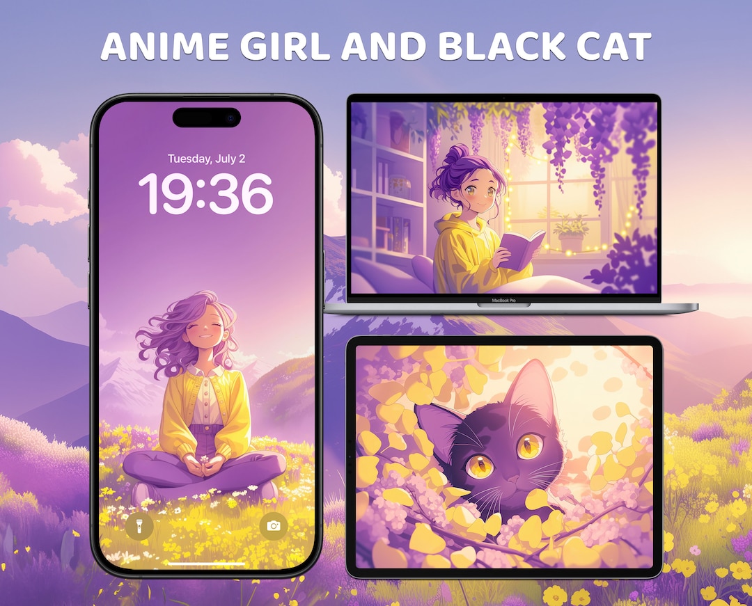 Black Cute Cat and Anime Girl Wallpaper, iPhone and Desktop Background ...