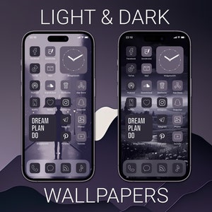 May include: Two iPhone screens displaying a light and dark mode wallpaper. The wallpaper is a photograph of a person walking down a road with trees on either side. The text "DREAM PLAN DO" is on the screen. The icons on the screen are for apps such as Facebook, Instagram, TikTok, and YouTube.