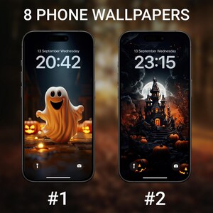May include: Two smartphone screens displaying Halloween-themed wallpapers. One features a friendly ghost with pumpkins, the other a spooky castle under a full moon. The text "8 PHONE WALLPAPERS" is at the top, with "#1" and "#2" below the screens.