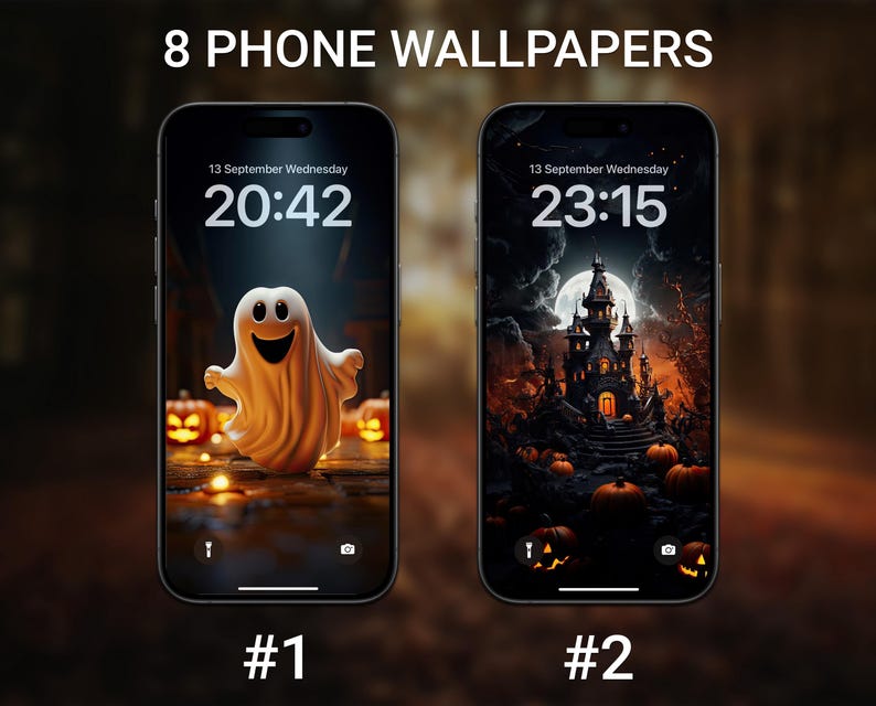 May include: Two smartphone screens displaying Halloween-themed wallpapers. One features a friendly ghost with pumpkins, the other a spooky castle under a full moon. The text "8 PHONE WALLPAPERS" is at the top, with "#1" and "#2" below the screens.