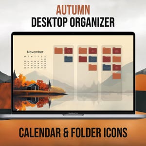 Autumn Desktop Organizer, 2025 - 2026 Calendar, Desktop Wallpaper, Fall Aesthetic, Folder Icons, Custom Desktop Home Screen