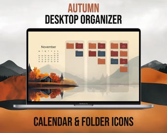 Autumn Desktop Organizer, 2025 - 2026 Calendar, Desktop Wallpaper, Fall Aesthetic, Folder Icons, Custom Desktop Home Screen
