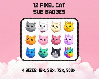 Puede incluir: Un conjunto de 12 insignias de gato pixeladas en varios colores, incluyendo gris, blanco, amarillo, naranja, rosa, azul y verde. La imagen muestra el texto "12 PIXEL CAT SUB BADGES" y "4 SIZES: 18x, 36x, 72x, 500x" sobre un fondo rosa.