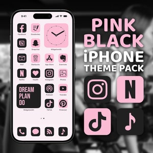 Pink Black App Icons, iPhone Theme Pack, Girly Aesthetic, Pastel Pink Widget Art and Quotes, Light & Dark Wallpaper, Custom Home Screen