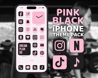 iPhone Icons, Pink and Black iPhone Theme Pack, Aesthetic App Icons, Widget Quotes, iPhone Wallpaper, Custom iPhone Home Screen