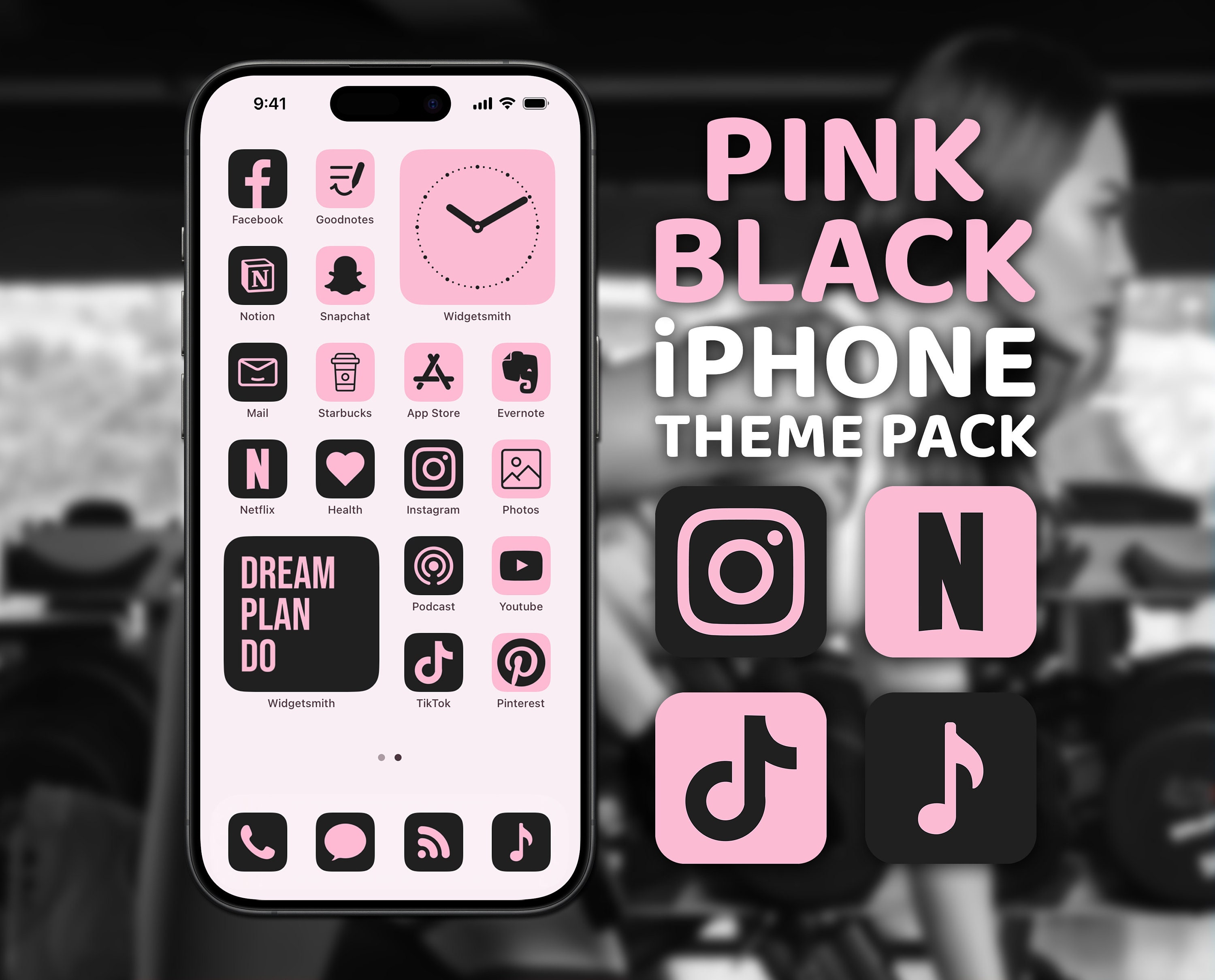 Iconos de aplicaciones rosa y negro, paquete de temas minimalistas, pantalla  de inicio bonita y moderna - Etsy México, image size:3000x2419