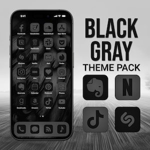 Zwart-grijze app-iconen, iPhone-themapakket, esthetische app-iconen, kunstwidgets, lichte en donkere achtergronden, iPhone-startscherm aanpassen