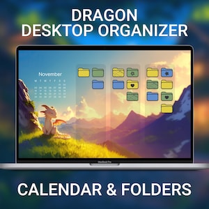 Dragon-bureaubladachtergrond, kalender 2025-2026, anime-bureaubladorganizer, Japanse esthetiek, schattige mappictogrammen, aangepast startscherm bureaublad