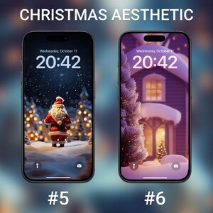 Puede incluir: Dos maquetas de iPhone con fondos de pantalla navide&ntilde;os. La imagen de la izquierda presenta una figura de Pap&aacute; Noel de pie en un bosque nevado con luces parpadeantes. La imagen de la derecha muestra una casa nevada con una ventana iluminada y un &aacute;rbol de Navidad en primer plano. Ambas im&aacute;genes muestran la hora 20:42.