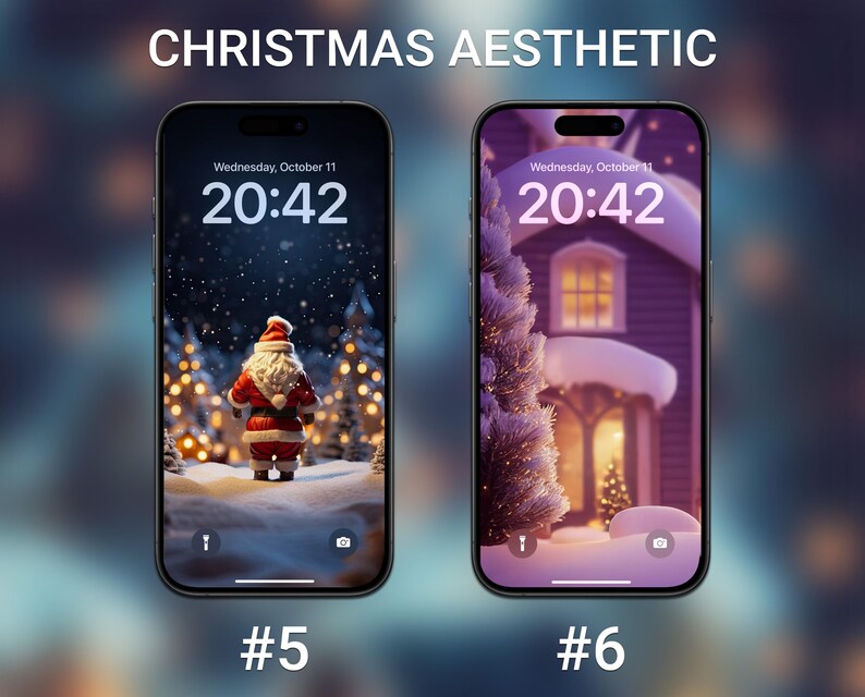Puede incluir: Dos maquetas de iPhone con fondos de pantalla navide&ntilde;os. La imagen de la izquierda presenta una figura de Pap&aacute; Noel de pie en un bosque nevado con luces parpadeantes. La imagen de la derecha muestra una casa nevada con una ventana iluminada y un &aacute;rbol de Navidad en primer plano. Ambas im&aacute;genes muestran la hora 20:42.