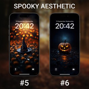 May include: Two smartphone screens displaying Halloween-themed wallpapers. One shows a witch's hat on a plate surrounded by pumpkins, the other a carved jack-o'-lantern. The text "SPOOKY AESTHETIC" is at the top, with the numbers "#5" and "#6" at the bottom.