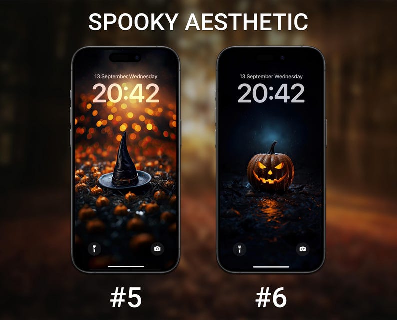 May include: Two smartphone screens displaying Halloween-themed wallpapers. One shows a witch's hat on a plate surrounded by pumpkins, the other a carved jack-o'-lantern. The text "SPOOKY AESTHETIC" is at the top, with the numbers "#5" and "#6" at the bottom.