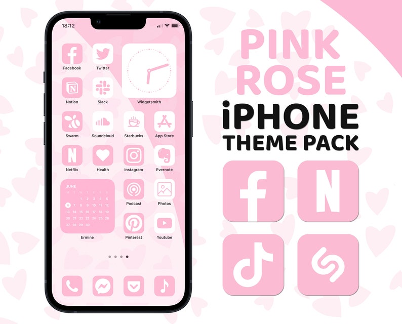 Pink App Icons, iPhone Theme Pack, Aesthetic Pink Rose Icons, Art Widgets, Light & Dark Wallpapers, Personalized iPhone Home Screen 