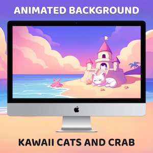 Vtuber animierter Hintergrund, Kawaii Ästhetik, süße Katze am Strand Zeichnung, Twitch Overlay, Pinky Sky, Stream Objekt, Sofort Download