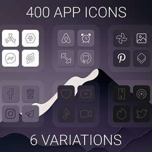 May include: A collection of 400 app icons in 6 variations. The icons are displayed on a dark grey background with a white mountain in the background. The icons are arranged in a grid pattern. The icons are all white and are outlined in black.