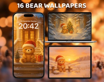 16 fondos de pantalla de ositos navideños, estética kawaii adorable, fondos navideños acogedores para teléfono y ordenador