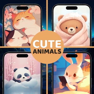 Animal Background, Cute Kawaii Bundle, iPhone Lock Screen, Japanese Aesthetic, Cartoon Style Art, Custom Home Screen