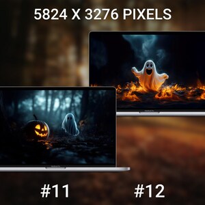 May include: Two MacBook Pro laptops displaying Halloween-themed digital art. One shows a glowing jack-o'-lantern and a ghost in a forest. The other features a ghost emerging from flames. The text "#11" and "#12" are visible.