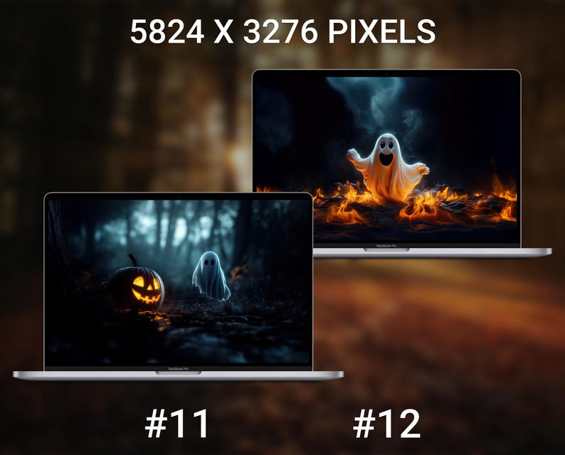 May include: Two MacBook Pro laptops displaying Halloween-themed digital art. One shows a glowing jack-o'-lantern and a ghost in a forest. The other features a ghost emerging from flames. The text "#11" and "#12" are visible.