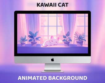 Vtuber Animated Background, Cute Kawaii Cat and Plants on the Windowsill, Purple Twitch Assets, Cozy Vibes, Lofi Room Desktop Wallpaper