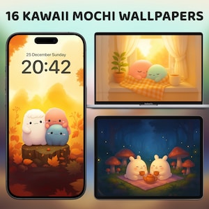 16 Kawaii Mochi Wallpaper Bundle, Pastel Phone & Desktop Backgrounds, Cozy Lock Screen Aesthetic