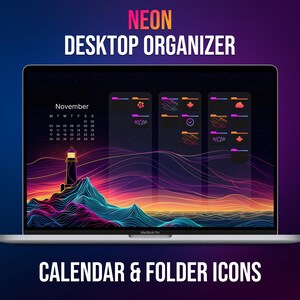Neon Desktop Organizer, Kalender 2025 - 2026, Neon Art, Bureaubladachtergrond, Desktopmappictogrammen, Aangepast Mac- en Windows-startscherm