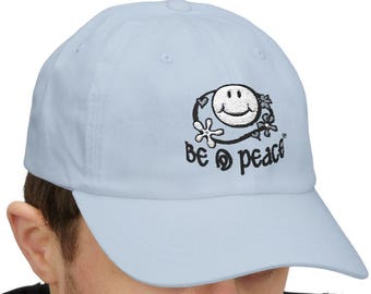Hippie Smiley Face Embroidered Light Blue Dad Cap | Classic Retro Festival Streetwear Unisex Hat