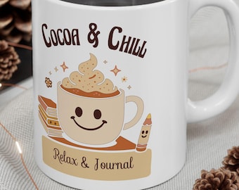 Keramische mok met thema 'Cacao & Chill' en ontspanning | Warme chocolademelk met marshmallows