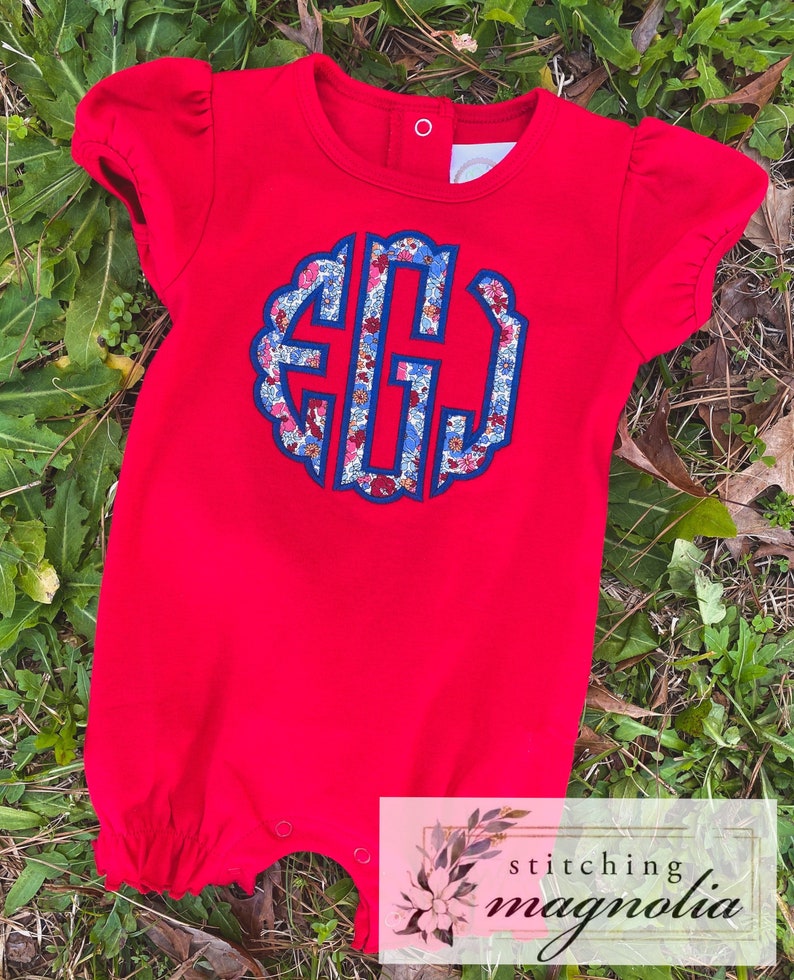 Girls Appliqu\u00e9 Monogram Romper Liberty of London Fabric Monogram