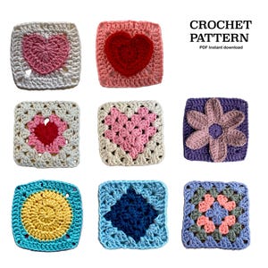 Crochet pattern Granny square pack |  Written pattern PDF | Heart granny square | Flower granny square | Triangle granny square (English)