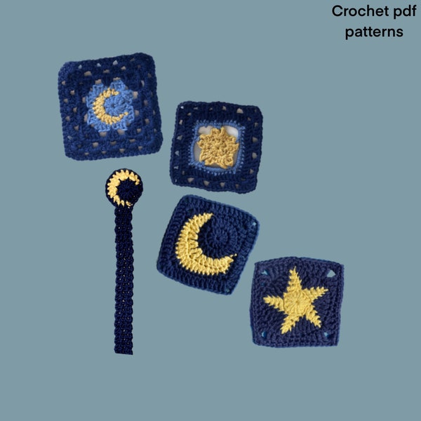 Moon and Star PATTERN PACK | Crochet PDF written patterns | 2 moon granny squares | 2 Star granny squares | Moon bookmark (English)