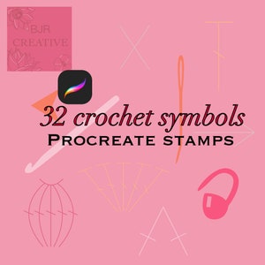 Op de afbeelding: Een roze achtergrond met 32 haaksymbolen voor Procreate-stempels. De symbolen zijn in wit en roze. De tekst "32 haaksymbolen" en "PROCREATE STAMPS" is in rood.