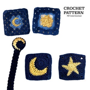 Moon and Star PATTERN PACK | Crochet PDF written patterns | 2 moon granny squares | 2 Star granny squares | Moon bookmark (English)