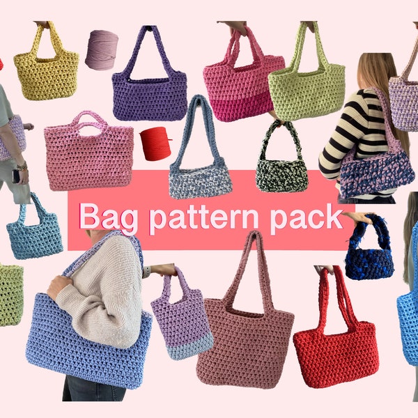 Crochet bag patterns | 16 Different sizes | Pattern pack | Written patterns | Crochet bag (English)