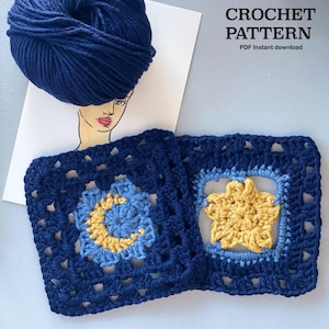 Crochet pattern MOON + STAR granny square | Written pattern (English) | Granny square pattern | PDF | Moon & star granny square