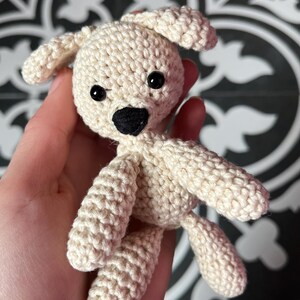 Op de afbeelding: Een klein, gehaakt crèmekleurig hondenspeelgoed met zwarte ogen en een zwarte neus.